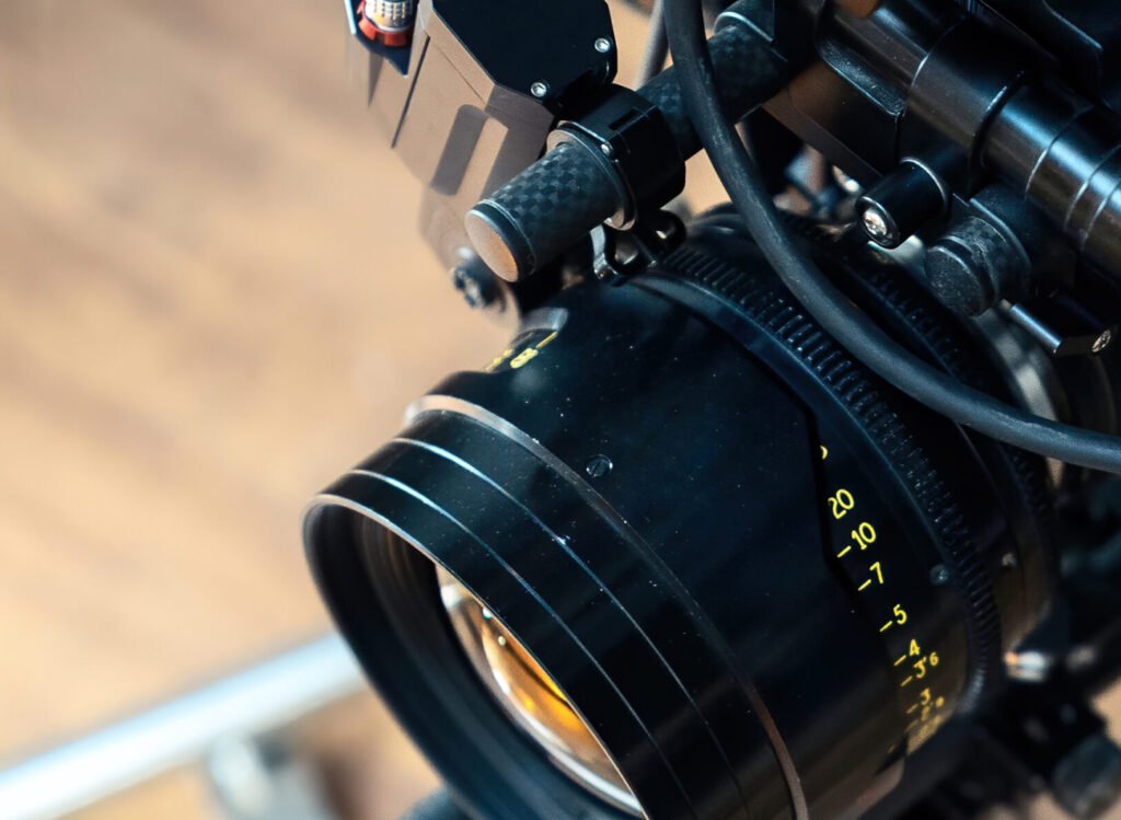 Professional movie camera lens on a movie set